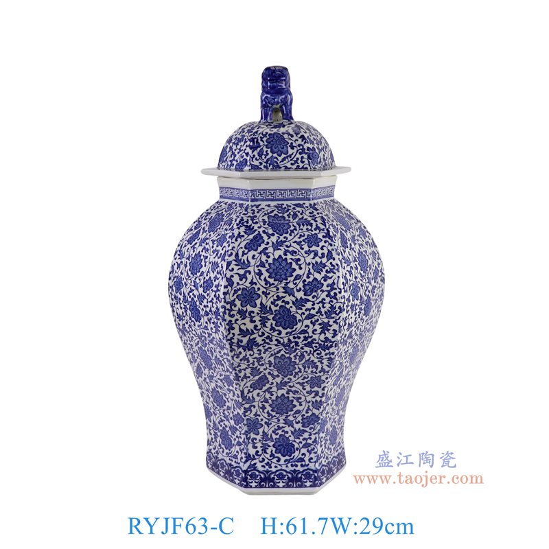 RYJF63-C   青花缠枝莲六角狮头将军罐