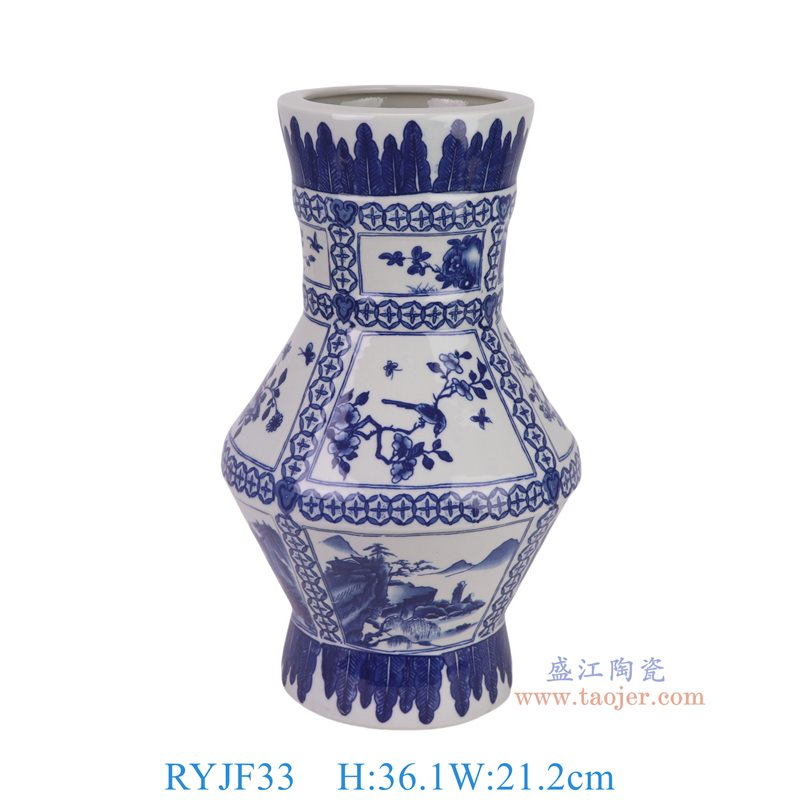 RYJF33   青花开窗山水花鸟六面腰鼓花瓶