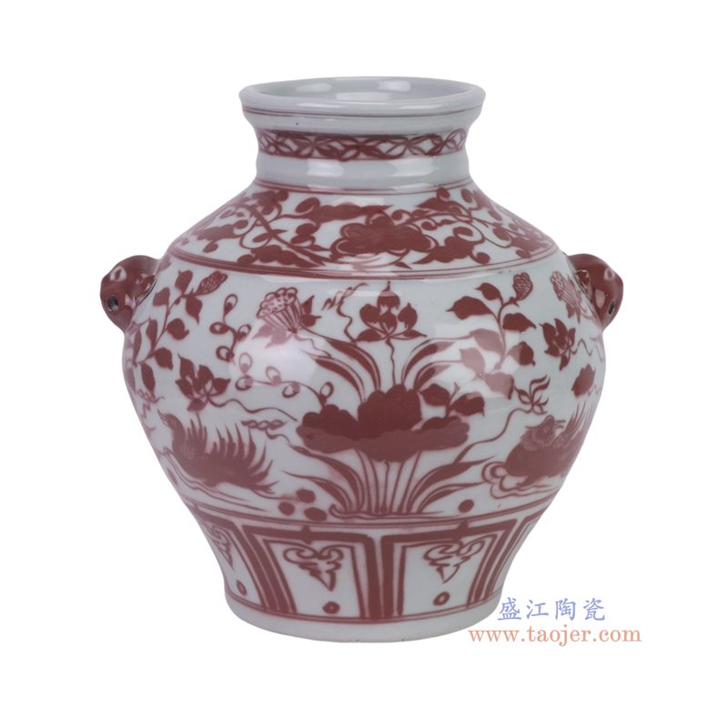 RXDQ08-A   釉里红鸳鸯戏水狮耳罐