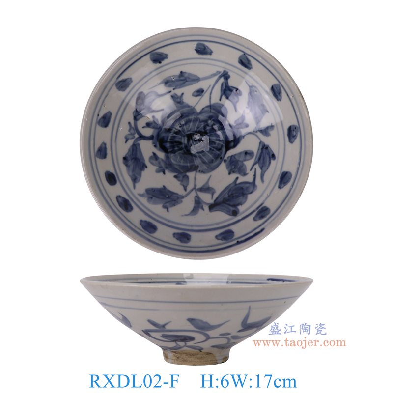 RXDL02-F青花手绘牡丹斗笠碗6.7英寸