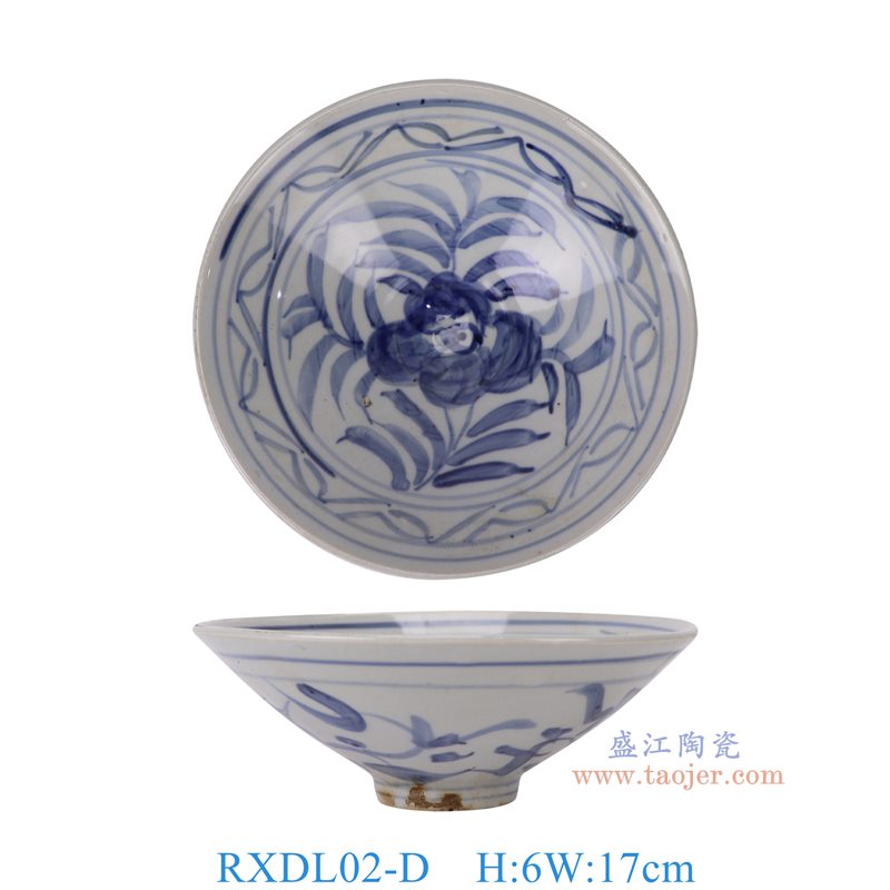 RXDL02-D青花手绘花叶纹斗笠碗6.7英寸