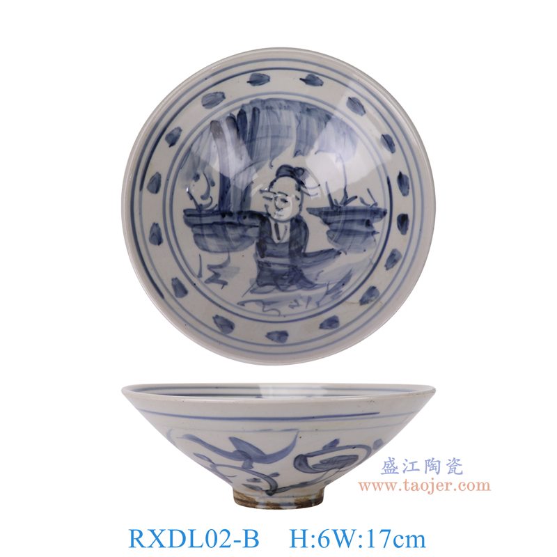 RXDL02-B青花手绘童子斗笠碗6.7英寸
