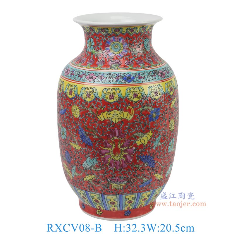 RXCV08-B   粉彩红底花卉蝙蝠纹冬瓜瓶