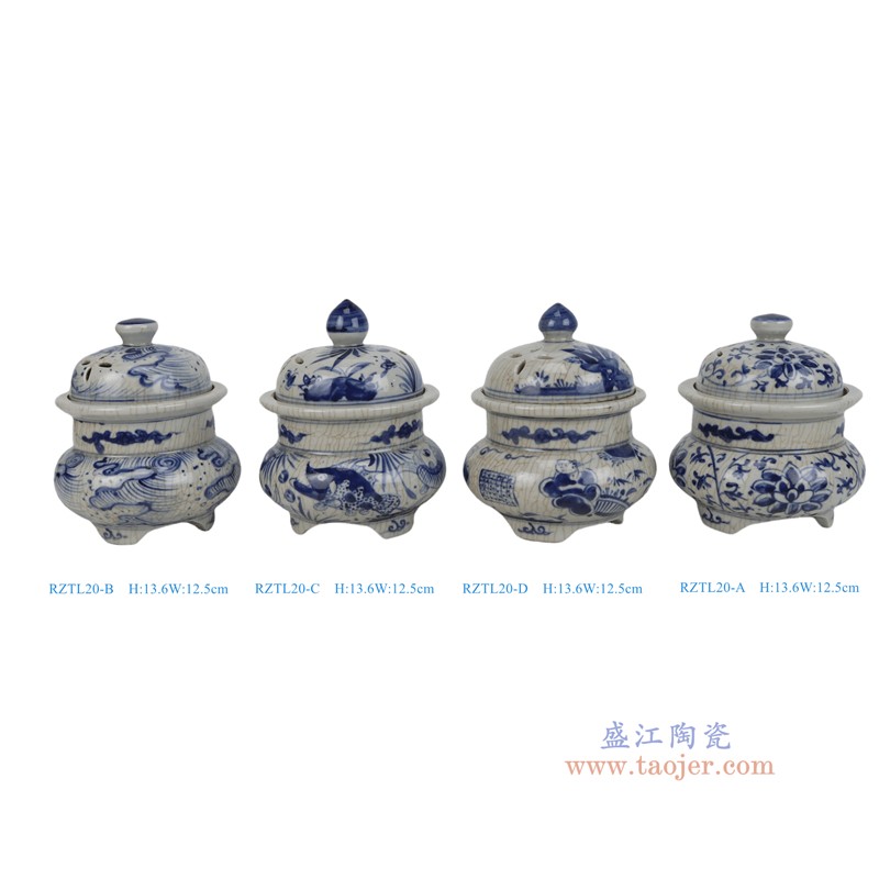 RZTL20-A_RZTL20-B_RZTL20-C_RZTL20-D  青花开片花叶纹 卷云纹 鱼藻纹带盖香炉