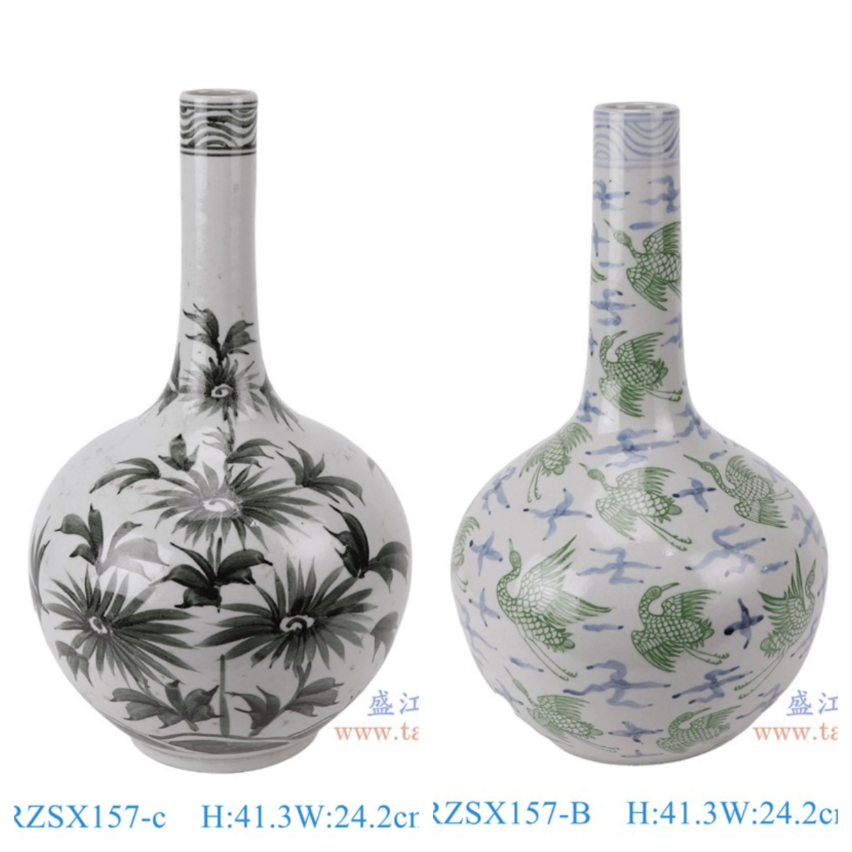 RZSX157-B_RZSX157-c  青花绿色仙鹤纹小口天球瓶 墨彩花叶纹小口天球瓶