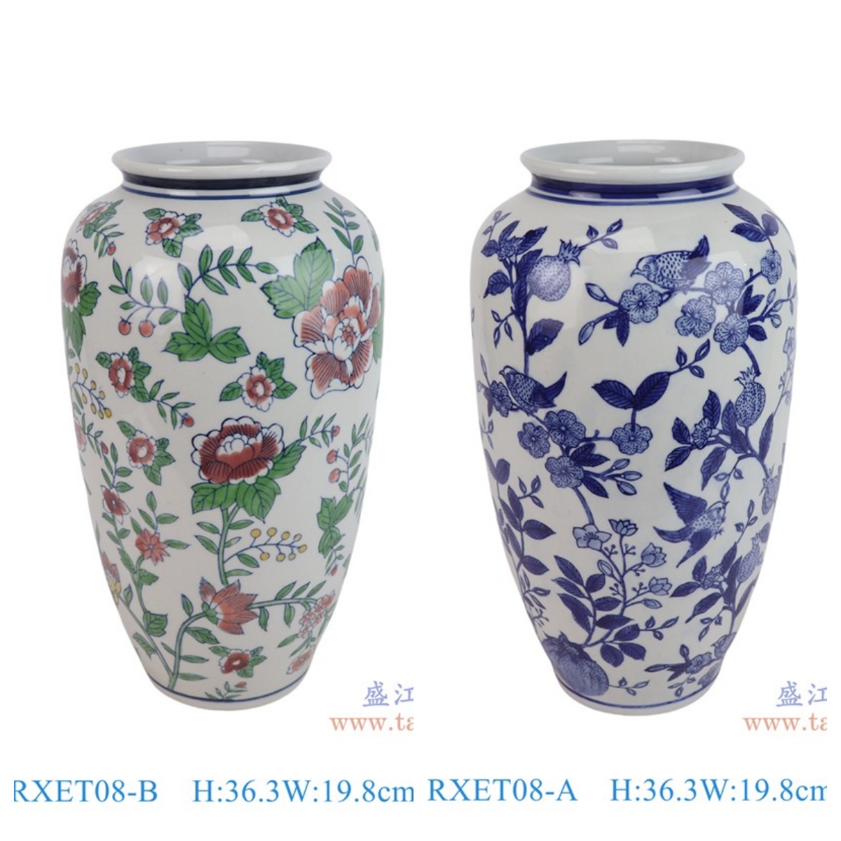 RXET08-A_RXET08-BRXET08-B青花花鸟 斗彩花叶纹冬瓜瓶