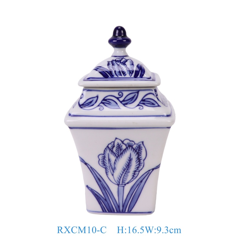 RXCM10-C  青花花叶纹四方小将军罐茶叶罐