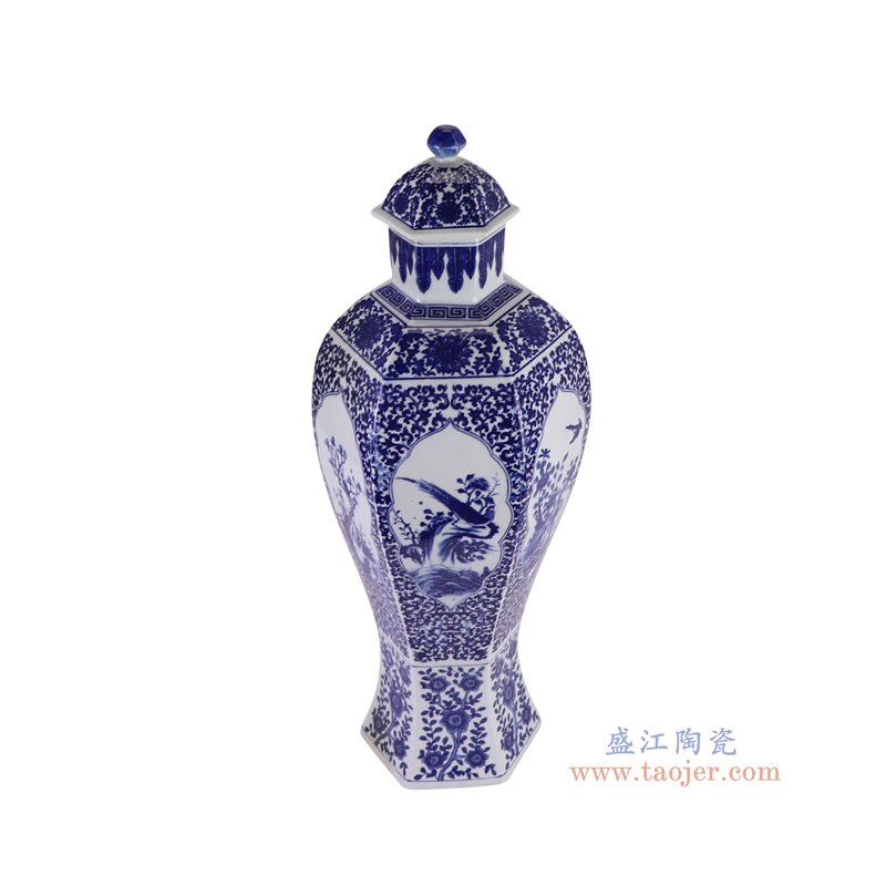 RYJF89-A   青花缠枝开窗黄鸟六角将军罐