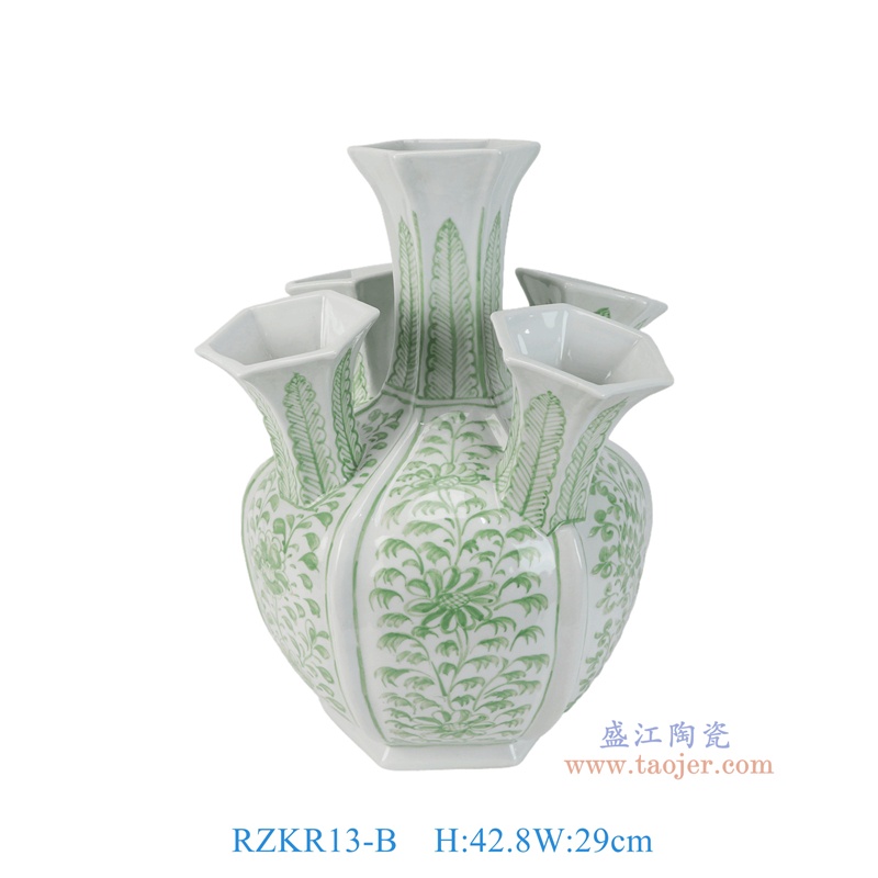 RZKR13-B 绿色花叶纹多口六方赏瓶异形花瓶