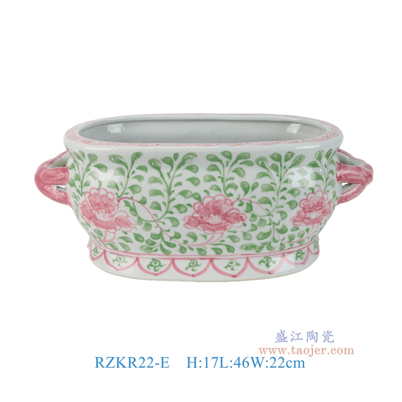 RZKR22-E 红绿色缠枝牡丹纹双耳椭圆花盆