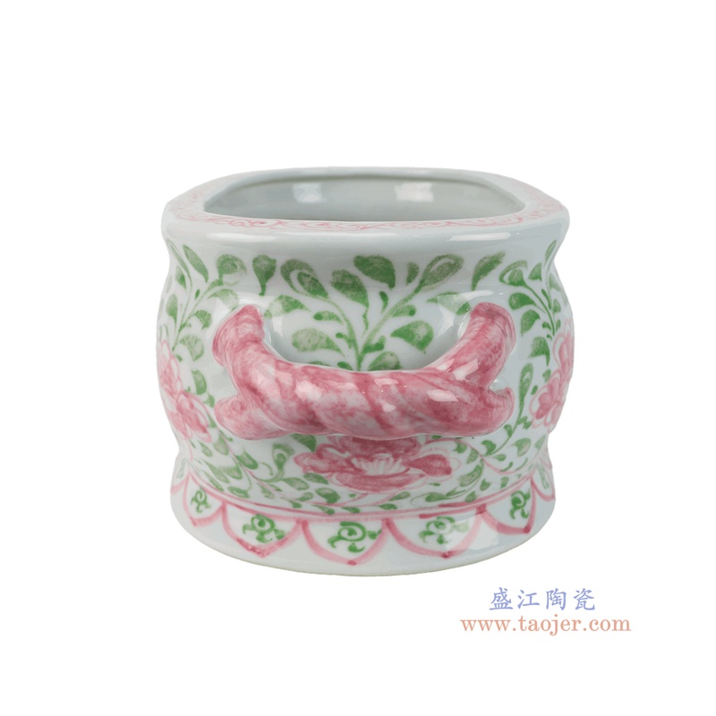 RZKR22-E 红绿色缠枝牡丹纹双耳椭圆花盆