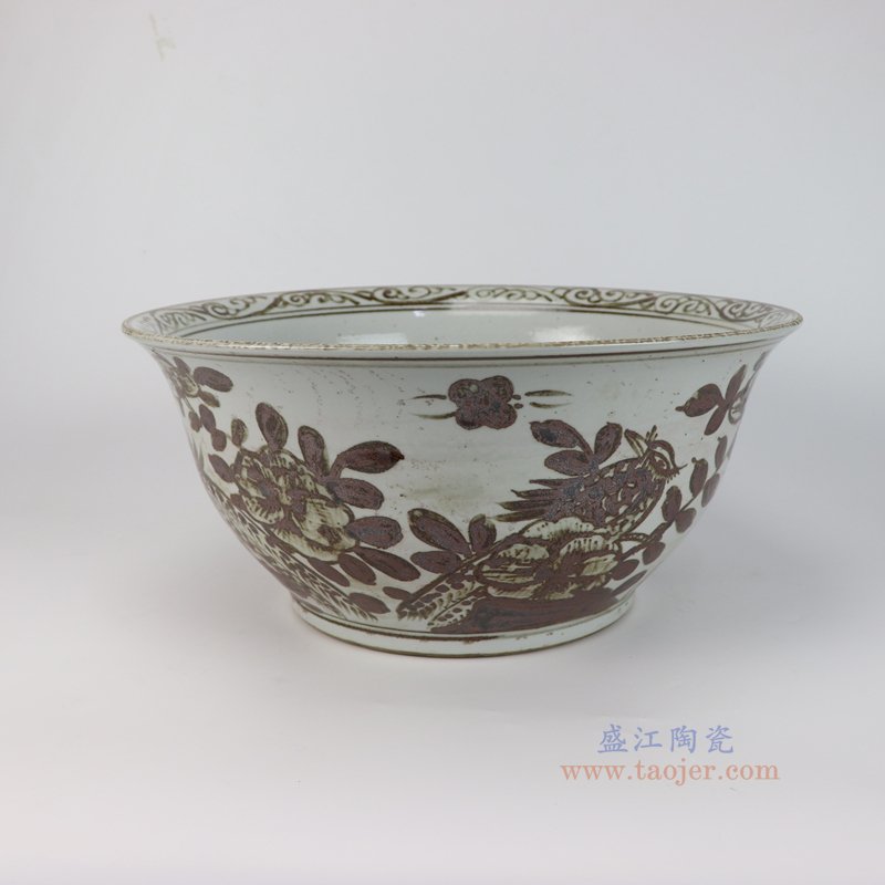 RZSX135-i 仿古脚踩泥铁锈红花鸟大碗