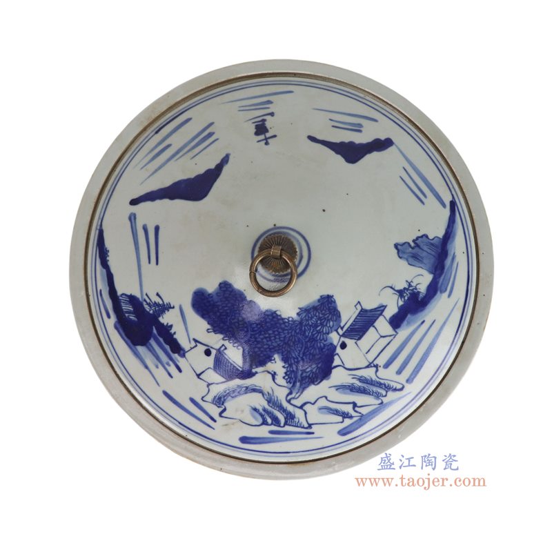 RZKT50-A 青花梧桐山水铜环盖罐