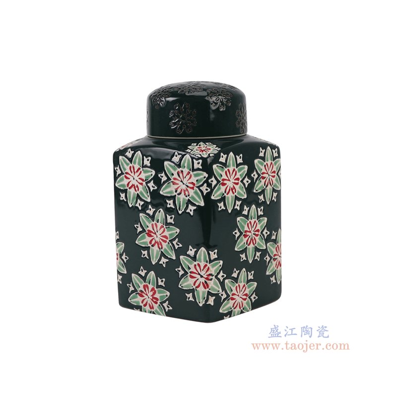 RZTo94-B  黑底红绿花卉纹纹四方茶叶罐