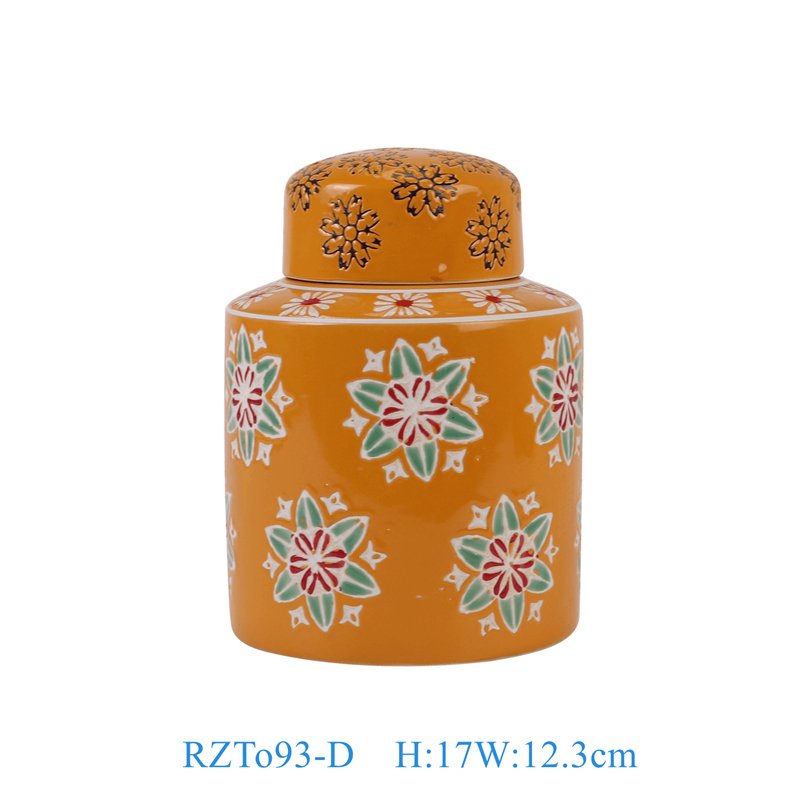 RZTo93-D 橙色底红绿花卉纹直筒茶叶罐平顶罐