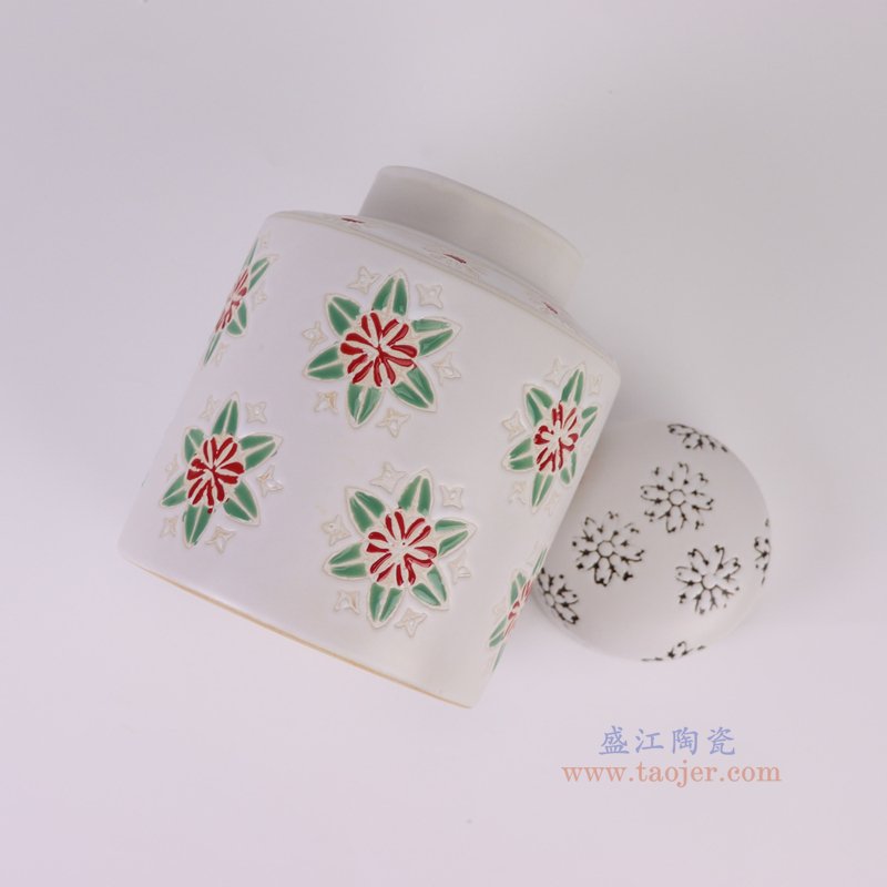 RZTo93-C 白底红绿花卉纹直筒茶叶罐平顶罐