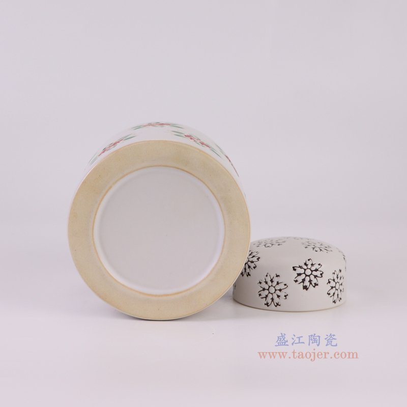 RZTo93-C 白底红绿花卉纹直筒茶叶罐平顶罐