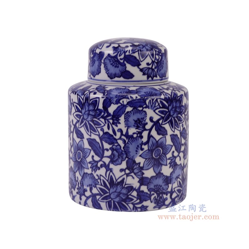 RZTo93-B  青花花叶纹直筒茶叶罐平顶罐