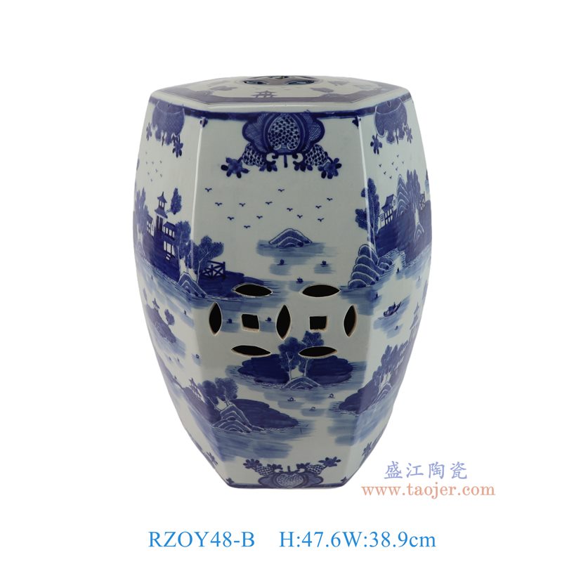 RZOY48-B 青花山水梧桐纹六方凳子