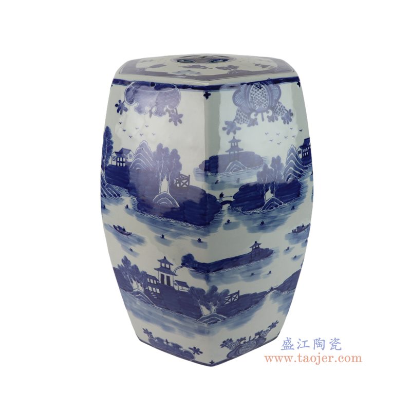 RZOY48-B 青花山水梧桐纹六方凳子