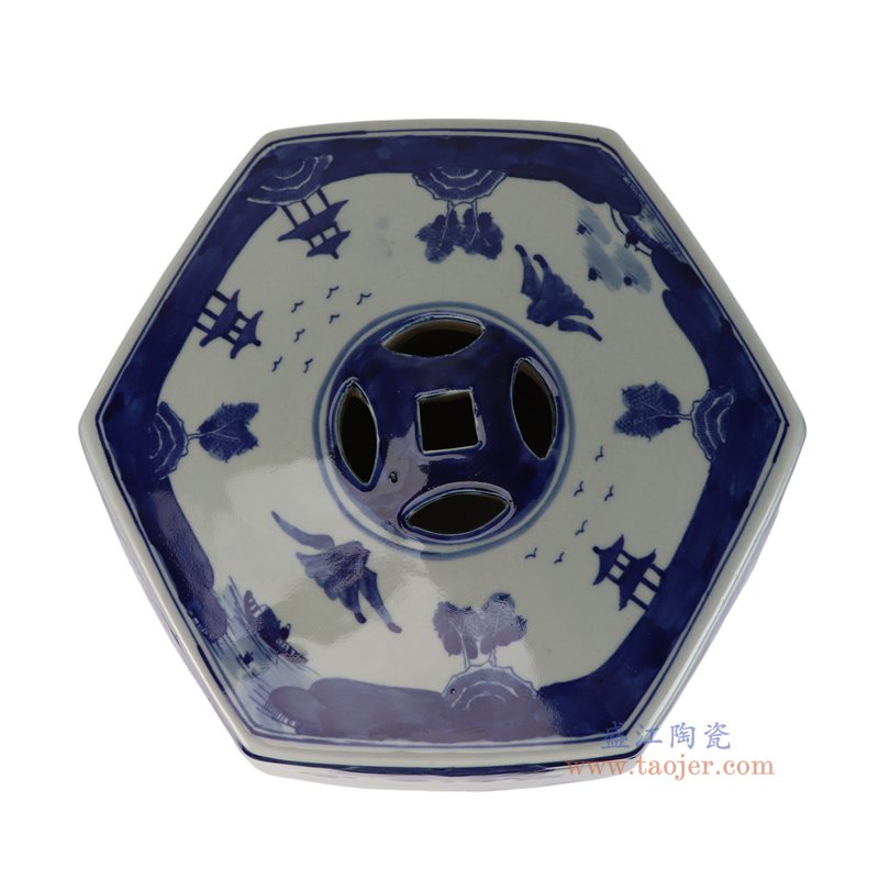 RZOY48-B 青花山水梧桐纹六方凳子