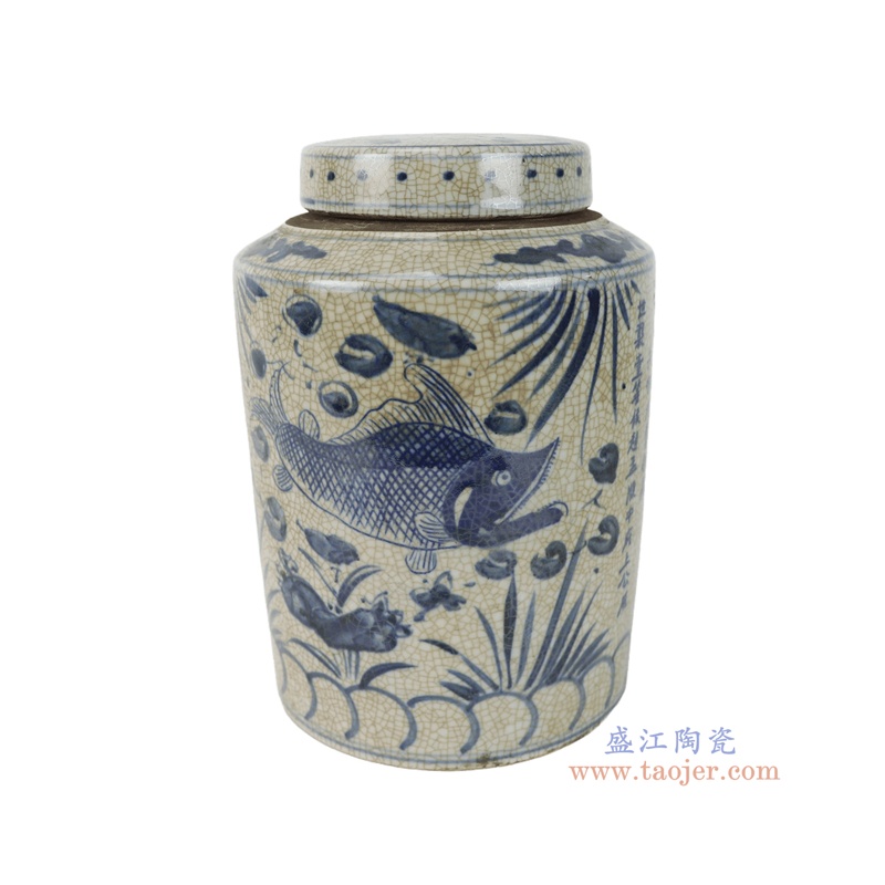 RZTL24-A      青花鱼藻纹开片直筒茶叶罐   