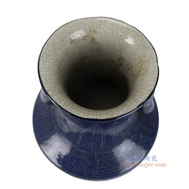 RZTL22-A    祭蓝雕刻凤纹贯耳金钟瓶 