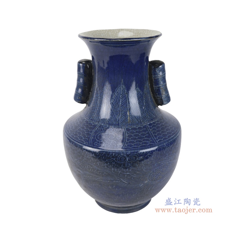 RZTL22-A    祭蓝雕刻凤纹贯耳金钟瓶 