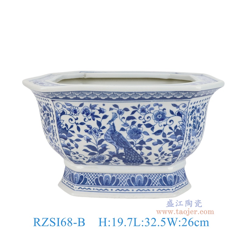RZSI68-B 青花花鸟孔雀纹长方八角花盆