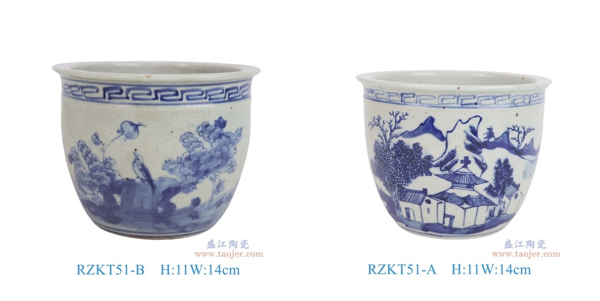 RZKT51-A-B    青花梧桐山水花鸟小缸