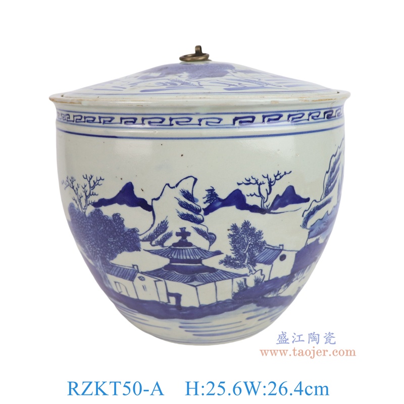 RZKT50-A 青花梧桐山水铜环盖罐