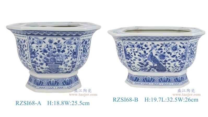 RZSI68-A-B组合图 青花花鸟孔雀纹八角花盆