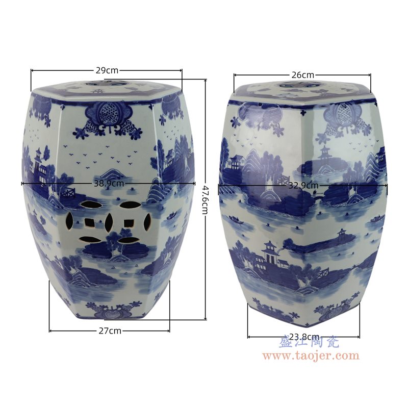 RZOY48-B 青花山水梧桐纹六方凳子