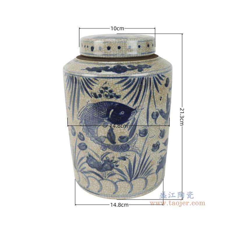 RZTL24-A      青花鱼藻纹开片直筒茶叶罐   