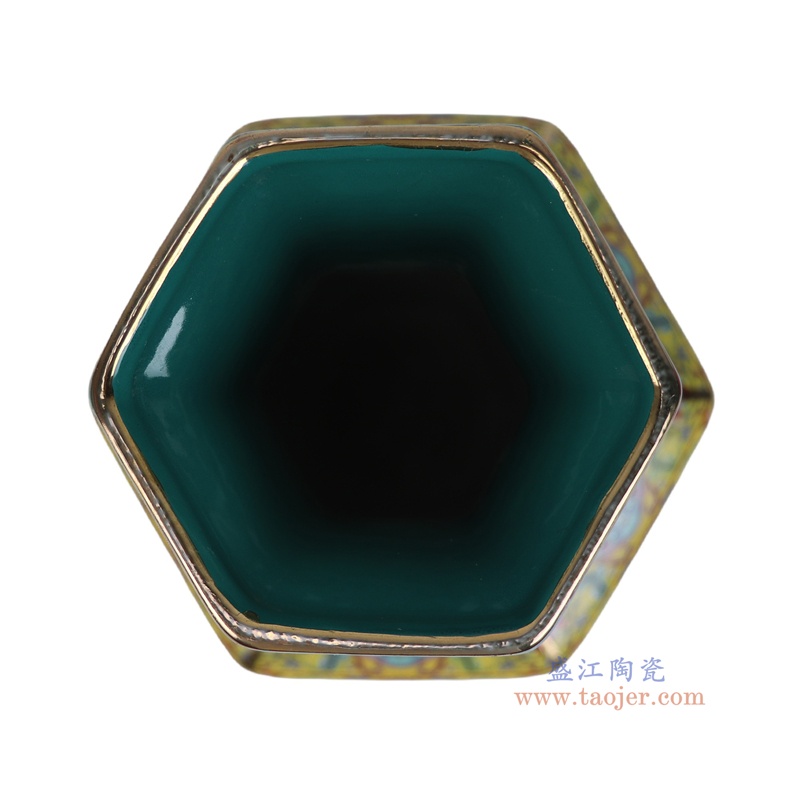 RZQQ05-A  黄底珐琅彩走兽六方花瓶