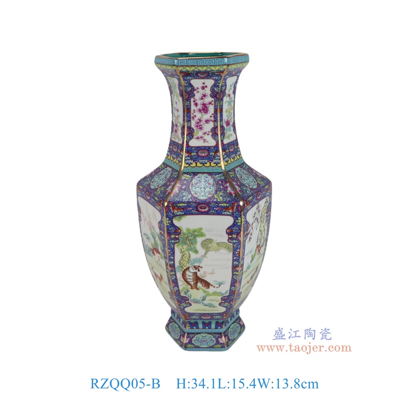 RZQQ05-B 紫色底珐琅彩走兽六方花瓶