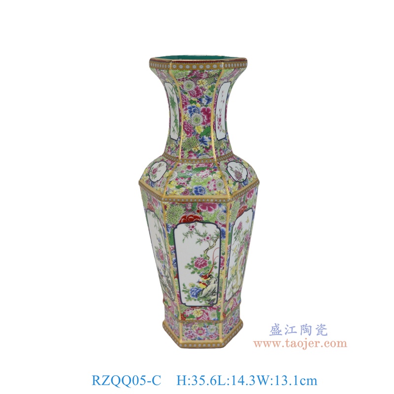 RZQQ05-C  万花底珐琅彩花鸟六方花瓶
