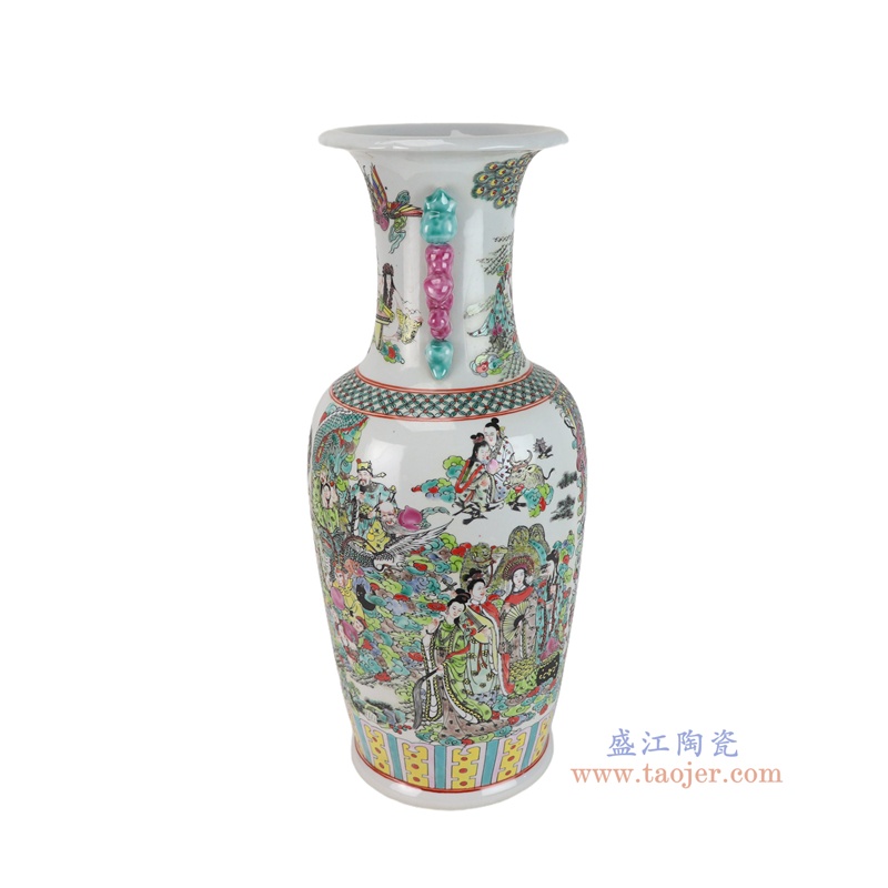 RZSY30-C    粉彩绿底人物双耳花瓶   