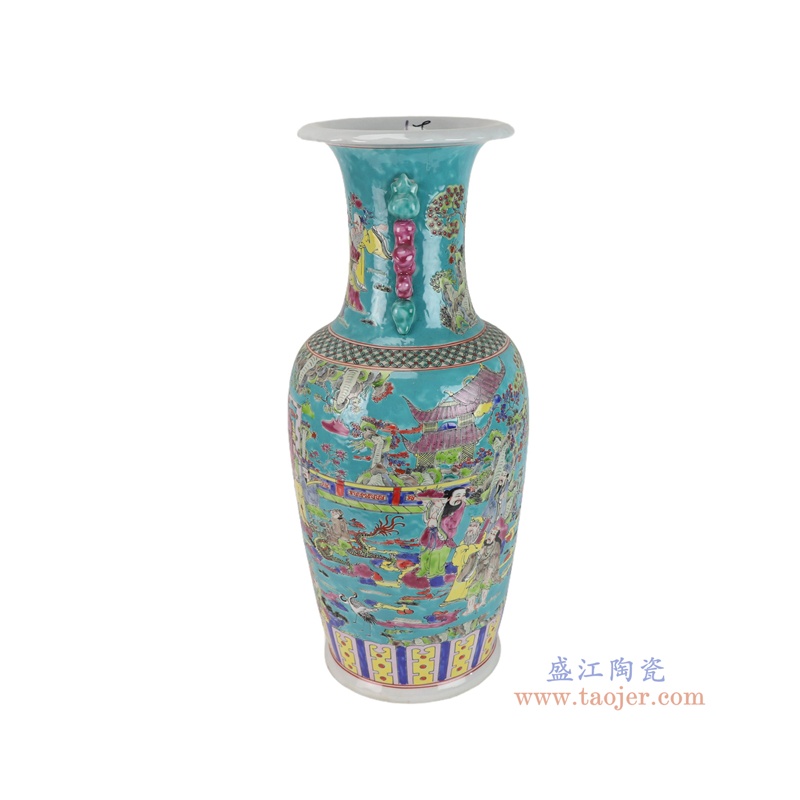 RZSY30-B  粉彩绿底群仙拜寿人物双耳花瓶