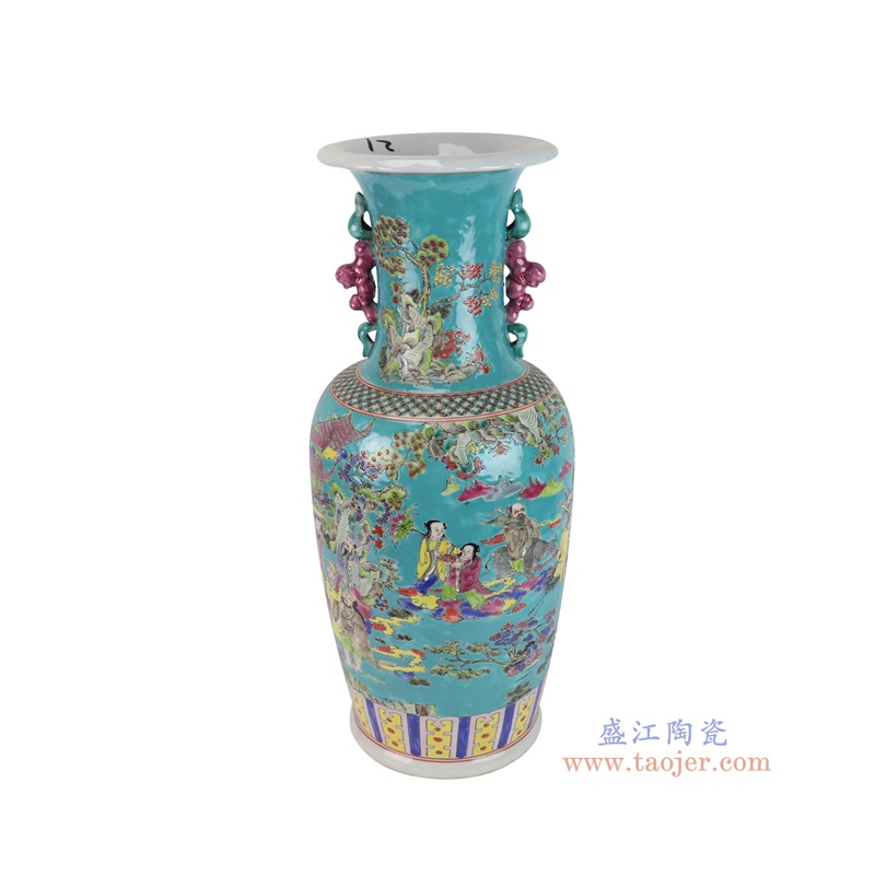 RZSY30-B  粉彩绿底群仙拜寿人物双耳花瓶