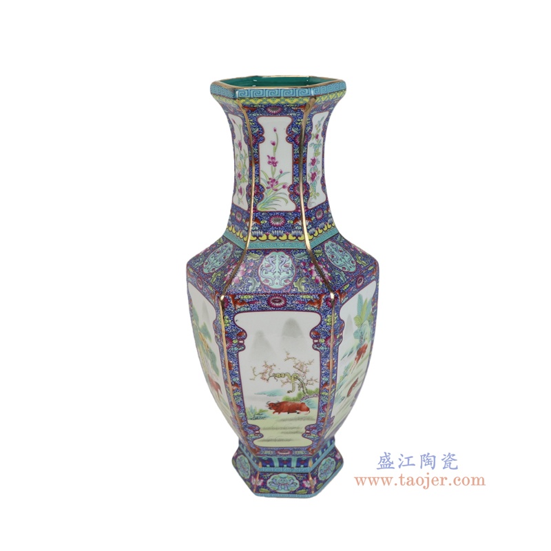 RZQQ05-B 紫色底珐琅彩走兽六方花瓶