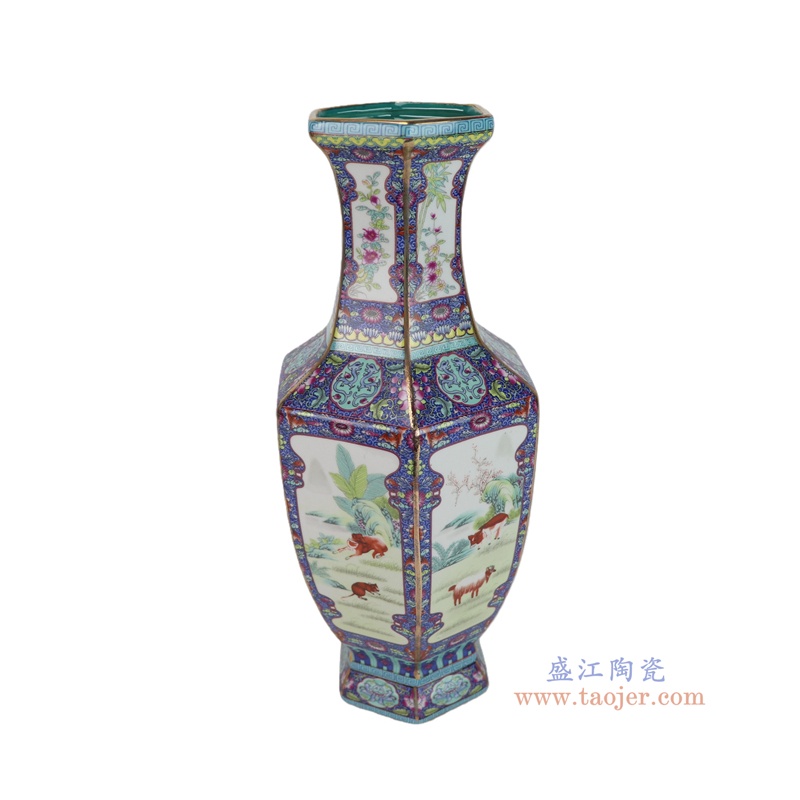 RZQQ05-B 紫色底珐琅彩走兽六方花瓶