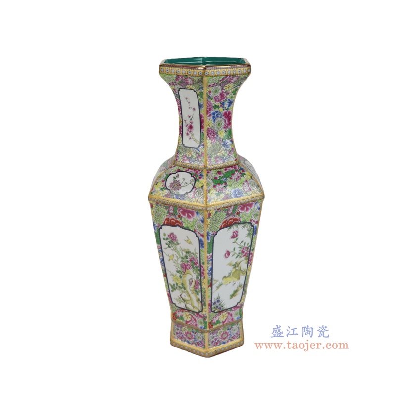 RZQQ05-C  万花底珐琅彩花鸟六方花瓶