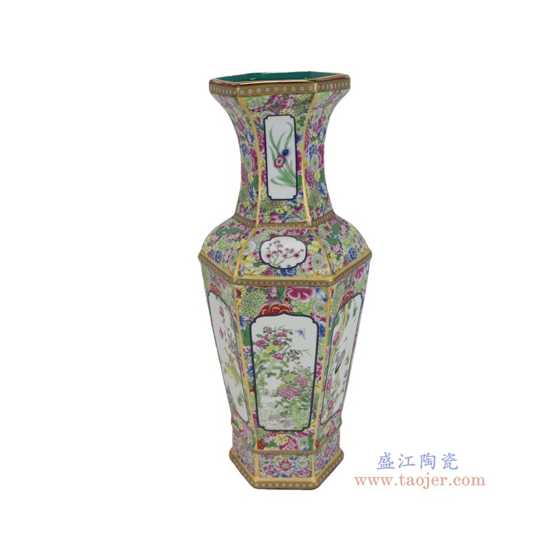 RZQQ05-C  万花底珐琅彩花鸟六方花瓶