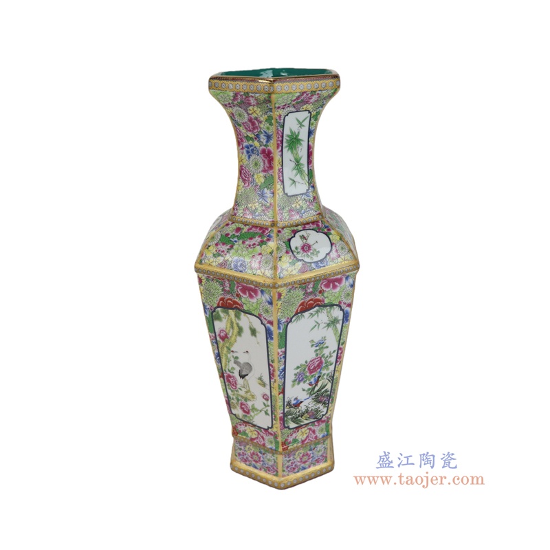 RZQQ05-C  万花底珐琅彩花鸟六方花瓶