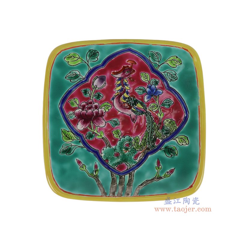 RZFA80-B  绿底开窗凤凰牡丹纹肥皂盒 