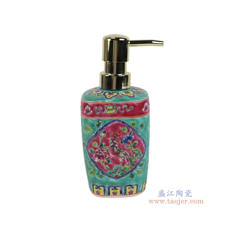  RZFA80-C  绿底开窗凤凰牡丹纹洗漱扎嘴罐 