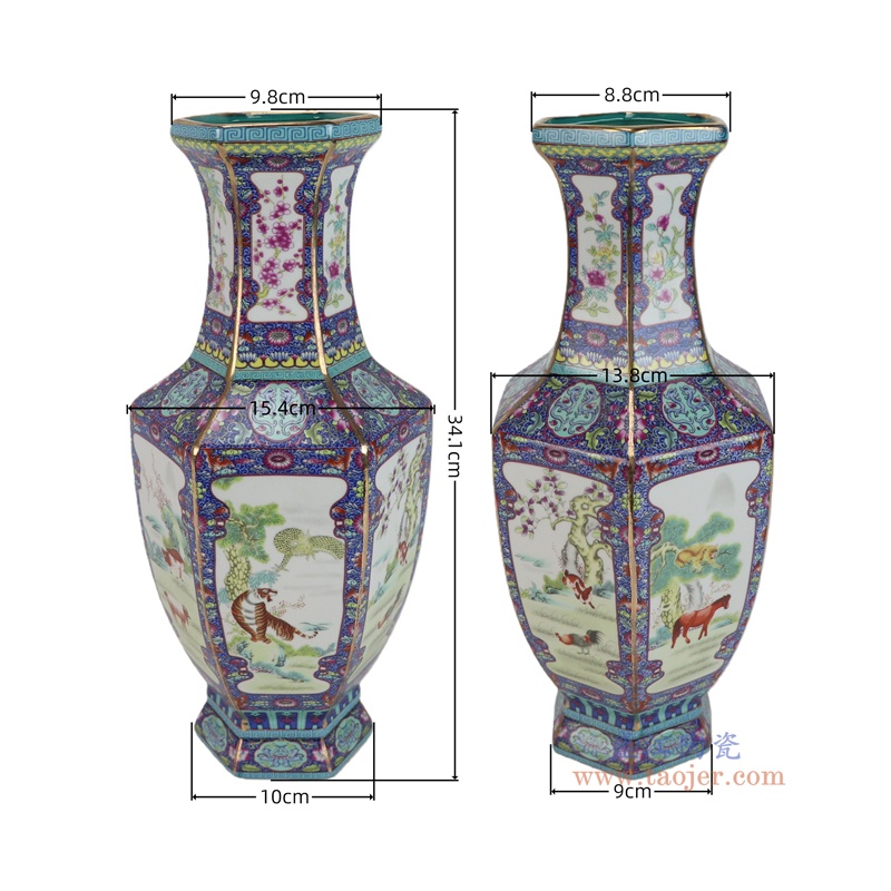 RZQQ05-B 紫色底珐琅彩走兽六方花瓶