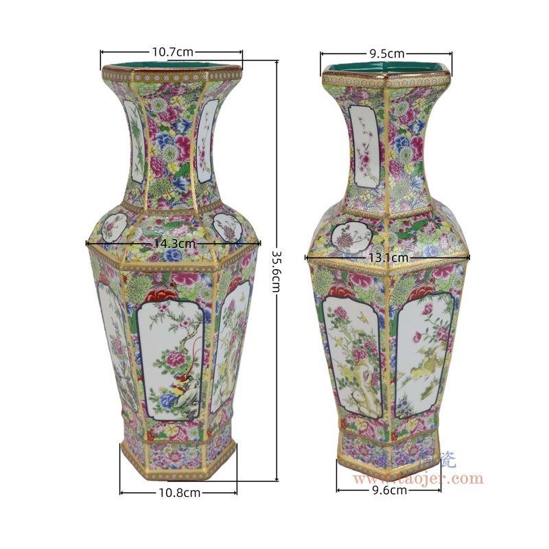 RZQQ05-C  万花底珐琅彩花鸟六方花瓶