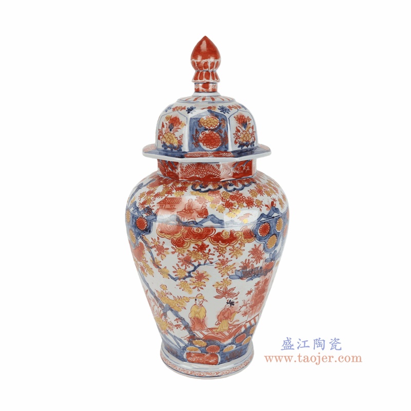 RZQF36-A 青花矾红风景人物纹将军罐 